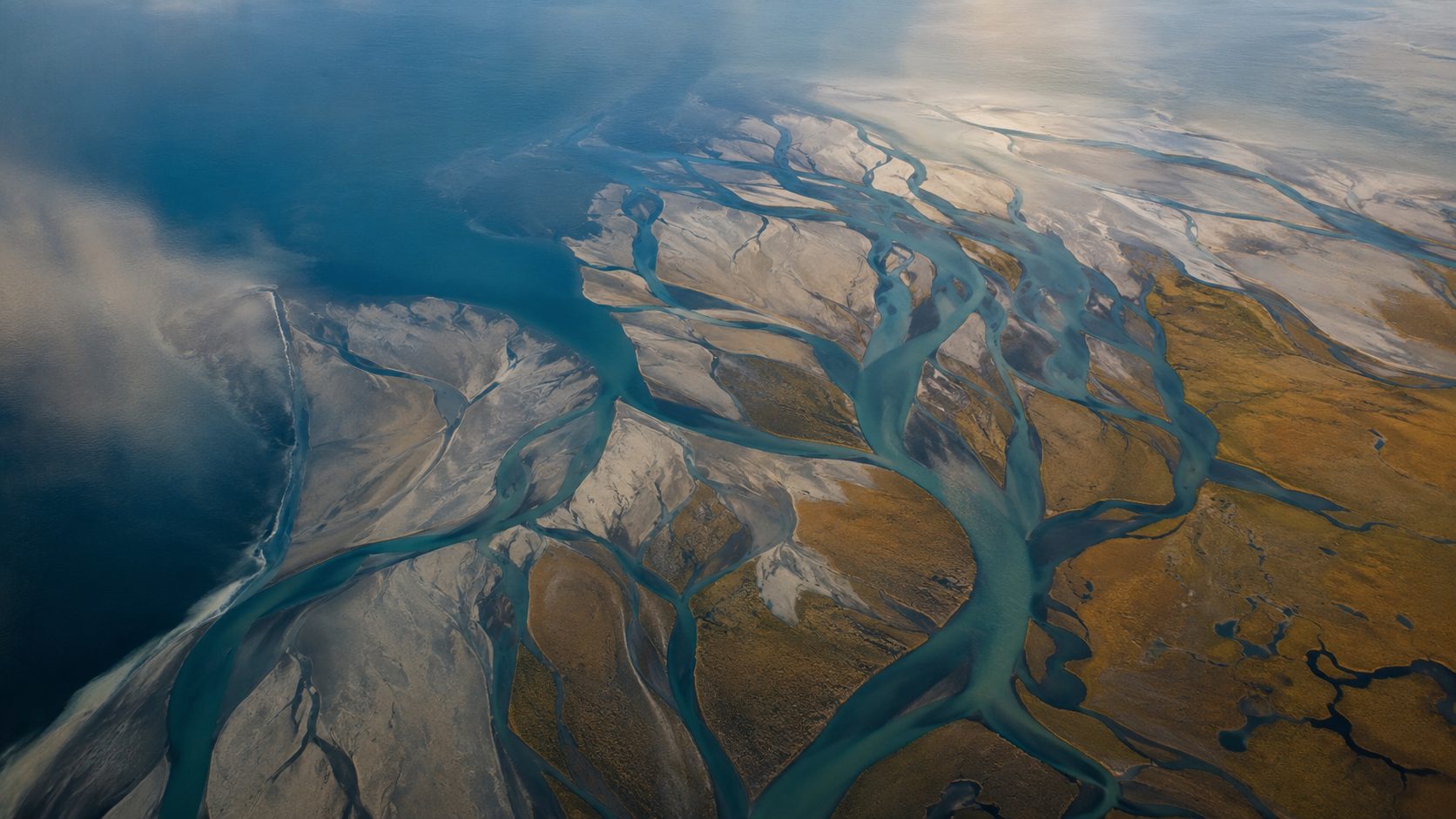Delta fluvial ramificado visto desde el aire, metáfora del capital que circula y crea condiciones para la vida